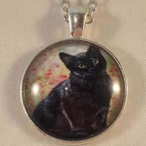 Silver Black Cat Flowers Cabochon Pendant Chain Necklace Gift